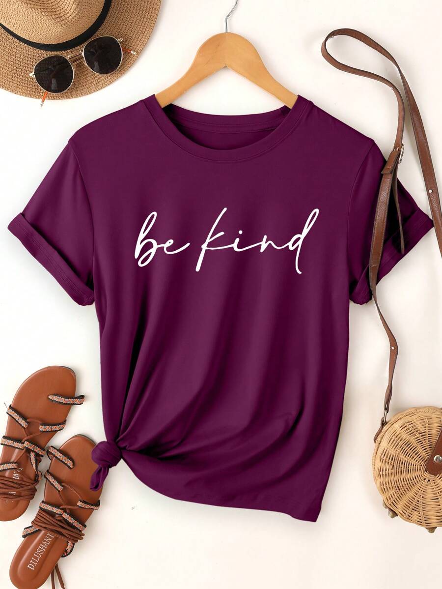 SHEIN ChicEase 女士简约“Be Kind”口号短袖 T 恤,夏季图案 T 恤女式上衣 - 紫色 - 查看 1