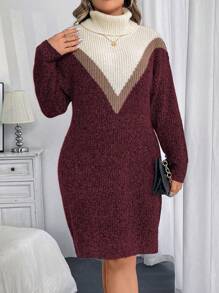 Calvaya Plus Size Women's Colorblock Turtleneck Long Sleeve Casual Sweater Dress, Fall/Winter - Burgundy - View 6