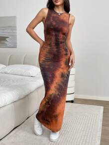 SHEIN EZwear 女式修身夏季花卉印花吊带紧身长裙 - 棕色 - 查看 6