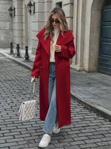 SHEIN LUNE 2024新款女士纯色时尚休闲通勤适合办公室长款保暖厚外套秋冬新年衣服 - 紅色 - 查看 7