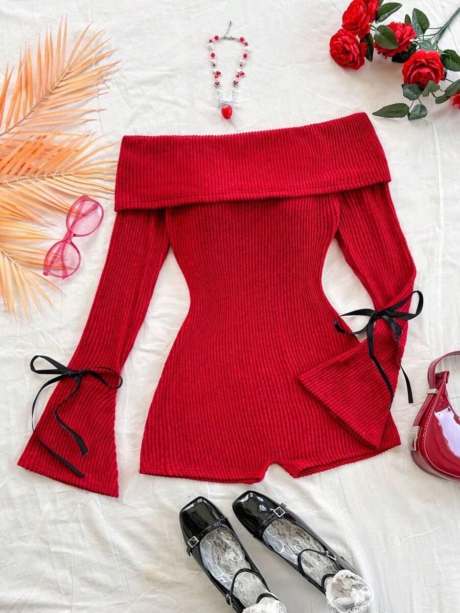 Soleia 休闲露肩喇叭袖系腰连体裤 - 紅色 - 查看 1