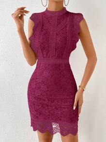 SHEIN Clasi 1pc Solid Color Stand Collar Lace Patchwork Fitted Sleeveless Dress