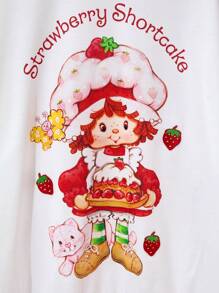 Strawberry Shortcake X SHEIN Áo nỉ dài tay in chữ hình quả dâu tây và nhân vật hoạt hình thường ngày cho nữ, màu trắng, thời trang xuân/thu - trắng - Xem 4