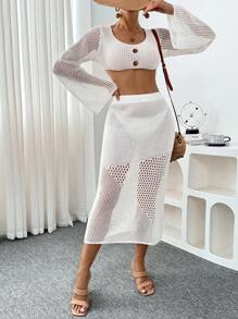 2pcs Set Crop Top And Bodycon Mini Skirt, Beach Resort Casual Outfit Summer - White - View 4