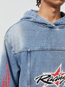 ROMWE MEN Street Life Men's Letter & Pentagram Printed Loose Denim Hoodie Jacket, Street Style For Autumn - Blue - View 7