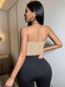 SHEIN SXY Spring And Summer Satin Short Tube Top Sexy Date Green Tight Top - Beige - View 2