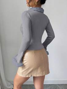 Chiquease 女士休闲纯色长袖毛衣开衫，带毛领，秋季 - 淺灰色 - 查看 2