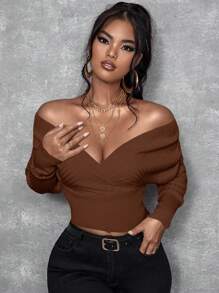 SHEIN SXY Casual Pullover V-Neck Off Shoulder Sweater, Minimalist And Fashionable For Everyday Wear - Coffee Brown - View 1