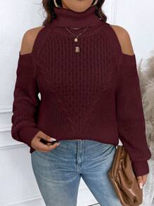 Calvaya Plus Size Casual Solid Color Turtleneck Cold Shoulder Sweater, Autumn/Winter