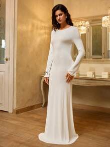 SHEIN Privé Casual Solid Color Knitted Backless Long Sleeve Mermaid Dress For Women - White - View 5