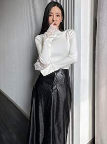 DAZY 1pc Lace Patchwork Fitted Women Pullover Sweater,Fall Clothes - White - View 3