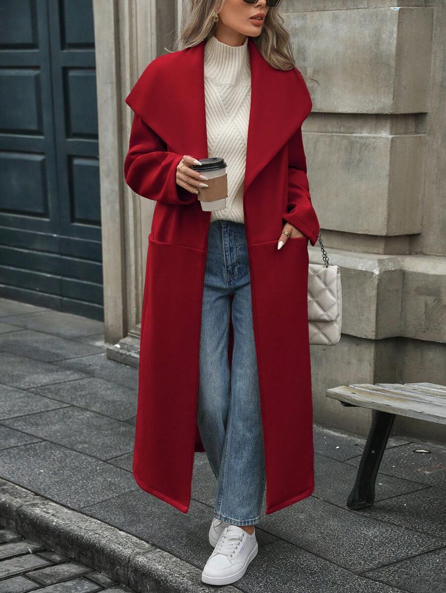 SHEIN LUNE 2024新款女士纯色时尚休闲通勤适合办公室长款保暖厚外套秋冬新年衣服 - 紅色 - 查看 1