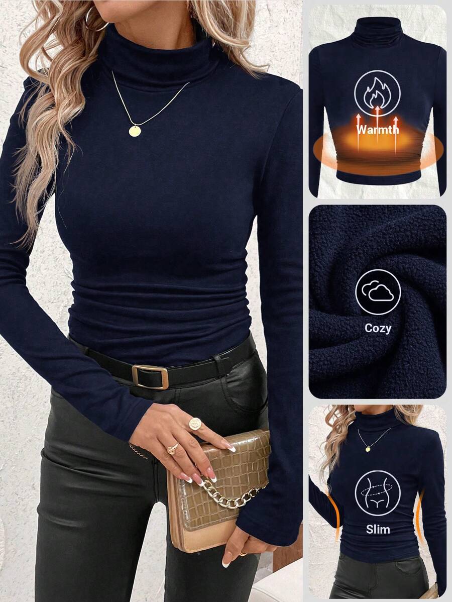 SHEIN Clasi 女式大码纯色高领长袖羊毛休闲 T 恤，秋冬 - 藏蓝色 - 查看 1
