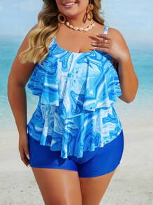 Swim Lushoire Plus Size Wavy Print Tankini Swimwear Set, Suitable For Summer Vacation And Beach - Blue - View 1