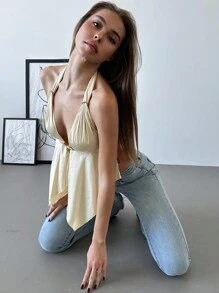 Aloruh Camiseta sin tirantes de satén con hebilla metálica decorativa, atada, de estilo de fiesta, sexy, color champán, para mujer