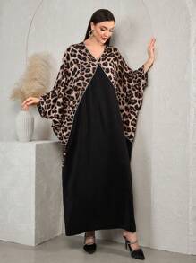 Al Najma 大码女式优雅豹纹拼布宽松长袖阿拉伯连衣裙，秋季，朴素蝴蝶长袍和 Jalabiya，适合休闲日常 - 黑色 - 查看 2
