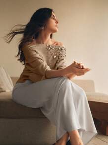 Anewsta Elegant Handmade Beaded Off-Shoulder Pullover Sweater, Women's Winter Knitted Sweater - Khaki - View 4