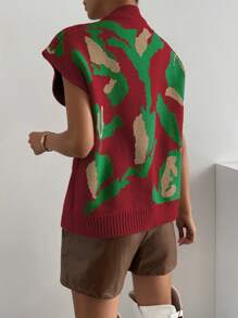 Chiquease Pull sans manches tricoté ample à encolure en V avec motif géométrique pour femme, décontracté pour l'automne/hiver