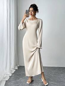 Siren Gaze 纯色缎面束腰长裙，时尚简约圆领，缎面喇叭袖，系带修身晚礼服，性感连衣裙，女士长裙，杏色优雅节日连衣裙，感恩节连衣裙，节日派对女士连衣裙，新年夜连衣裙 - 白色 - 查看 3