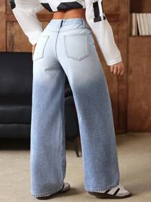 SHEIN EZwear 女士休闲破洞口袋撞色牛仔裤，百搭 - 藍色 - 查看 2