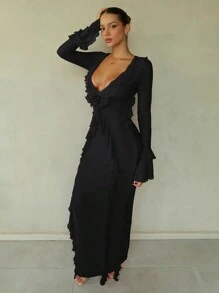 SHEIN BAE 1 chiếc váy dài tay xẻ tà cổ chữ V sâu màu đỏ trơn cho nữ, thanh lịch và gợi cảm, thích hợp mặc vào mùa thu/đông làm lớp lót, tiệc cocktail, hẹn hò lãng mạn, tiệc tùng, phù dâu dự tiệc cưới, đi chơi đêm, Halloween, Giáng sinh - màu đen - Xem 5