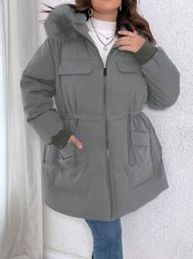 Calvaya Plus Size Women Solid Color Long Sleeve Drawstring Waist Fluffy Hooded Padded Padded Coat For Winter Clothes - Grey - View 4