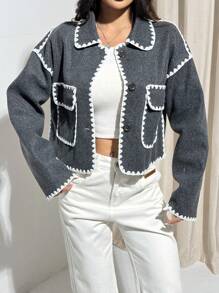 SHEIN EZwear 秋季休闲拼色短款夹克 - 深灰色 - 查看 4