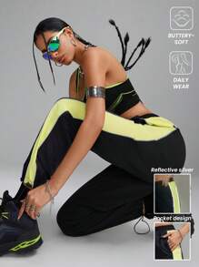 Innovista Women's Black Colorblock Adjustable Waist Luminous Zone Hiking Light Sports Long Pants, Outdoor Camping Hiking City Commute, Street Fashion Cool Casual Everyday Wear, Fall Women Pants, Adjustable Drawstring Hem Pants,Flare Leggings, FP Movement , WAG, Home Aerobic