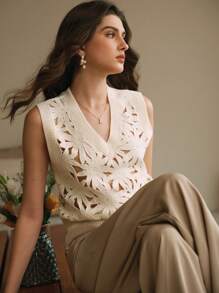 Anewsta Elegant Luxury Vacation V-Neck Openwork Beaded Loose Knit Sweater Top, Christmas & New Year For Women - White - View 4