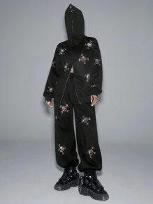 SHEIN EZwear 1 件女式休闲骷髅图案前拉链长袖运动衫 - 黑色 - 查看 2