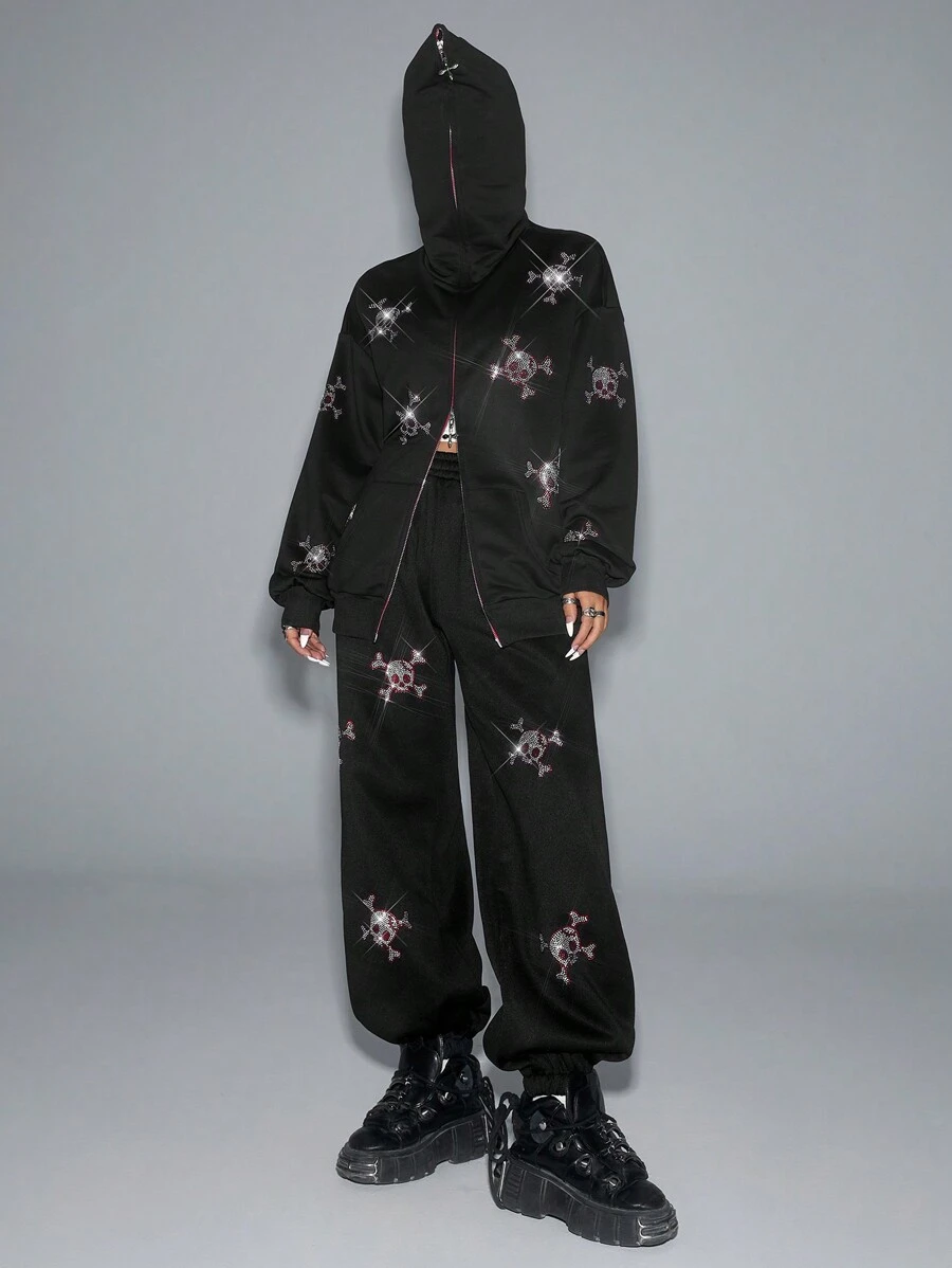 SHEIN EZwear 1 件女式休闲骷髅图案前拉链长袖运动衫