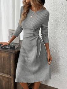 SHEIN LUNE 女士休闲纯色侧抽绳中长连衣裙，秋冬 - 灰色 - 查看 6
