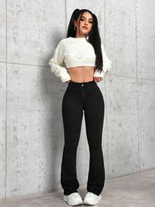 SHEIN PETITE Women's Casual Flared Jeans With Pockets Y2k - Black - View 3