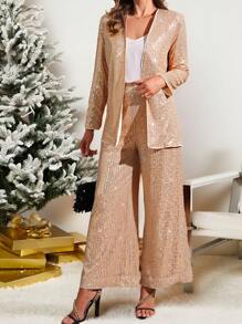 SHEIN Clasi 优雅精致的闪光开衫和飘逸长裤女士两件套冬季女装两件套圣诞女装女士两件套圣诞派对礼服圣诞女装圣诞服装圣诞派对套装 - 香檳色 - 查看 1