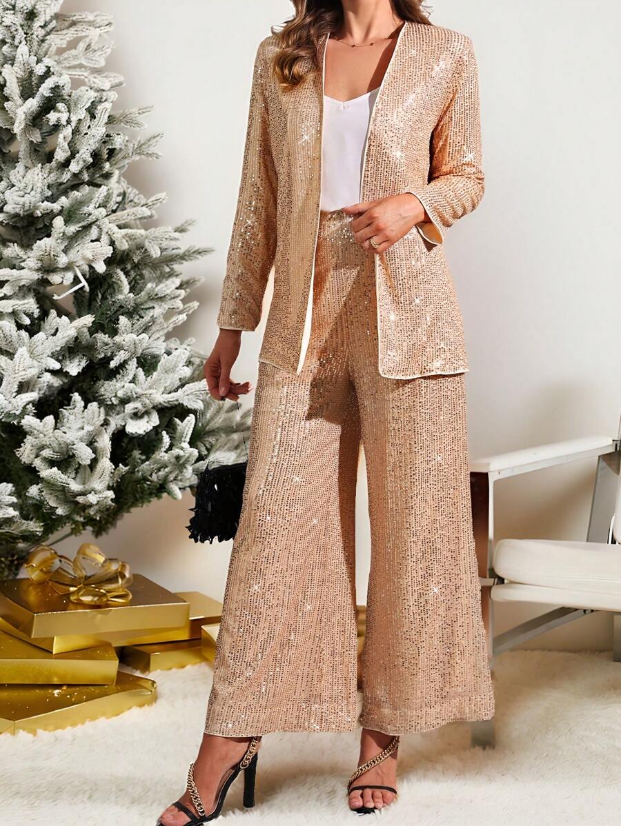 SHEIN Clasi 优雅精致的闪光开衫和飘逸长裤女士两件套冬季女装两件套圣诞女装女士两件套圣诞派对礼服圣诞女装圣诞服装圣诞派对套装 - 香檳色 - 查看 1