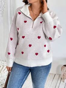 SHEIN LUNE Plus Size Women's Zippered Lapel Heart Jacquard Pullover Sweaterbusiness Casual Woman,Holiday Outfits,Country Tops, For Winter