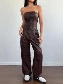 SHEIN Unity Bộ đồ vest quần ống rộng và áo hở vai không đối xứng - màu nâu - Xem 6