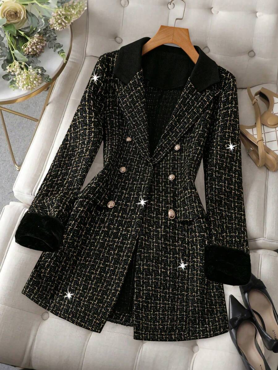 SHEIN Clasi 女士粗花呢面料毛绒翻领常规版型外套，温暖优雅，适合通勤和日常穿着