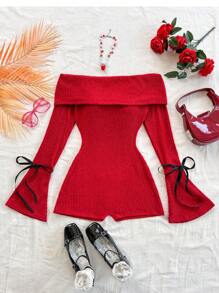 Soleia 休闲露肩喇叭袖系腰连体裤 - 紅色 - 查看 3