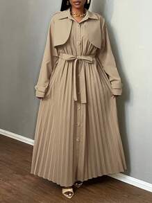 Slaydiva Damen Große Größen Eleganter Pendler-Trenchcoat mit plissierter Patchwork-Optik und langen Ärmeln, Herbst/Winter - Khaki - Übersicht 7