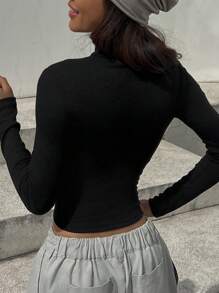 DAZY Áo khoác nữ dáng ngắn màu trơn khóa kéo phía trước nhẹ nhàng - màu đen - Xem 6