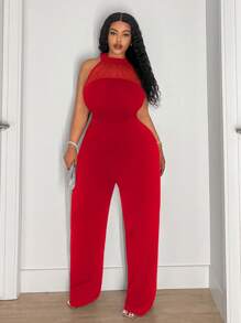 Slaydiva 优雅、约会、派对和聚会大码女士无袖高领黑色透明网眼拼接修身连体裤，春夏