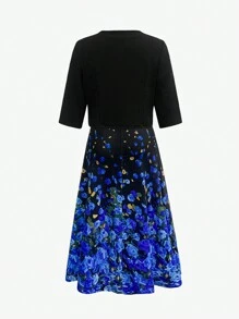 SHEIN Clasi 2 件套休闲日常装，纯色开衫和花卉印花 V 领连衣裙 - 藍色 - 查看 2