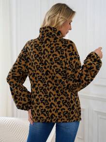INAWLY Sudadera holgada de casual para otoño/invierno de mujer con estampado de leopardo, manga larga de hombros caídos y cremallera media
