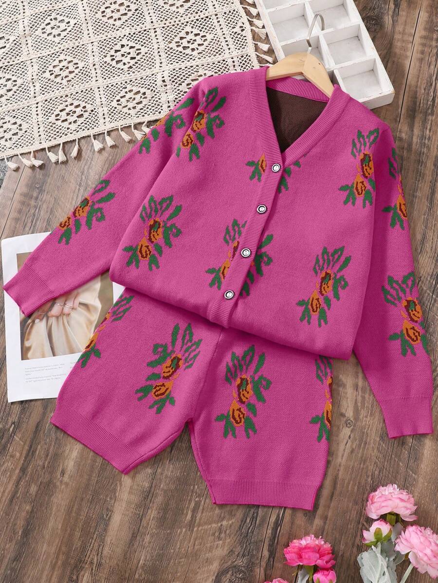 Tween Girl Casual Floral Print Loose 2 Pieces Set Consisting Of Cardigan And Shorts, Comfortable & Stylish - Hot Pink - View 1