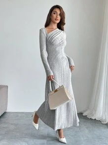 SHEIN Privé Women Elegant Warm Asymmetrical Ruffled Collar And Hem Textured Knit Long Dress ,Solid Color  Casual For Everyday Wear,Autumn&Winter
