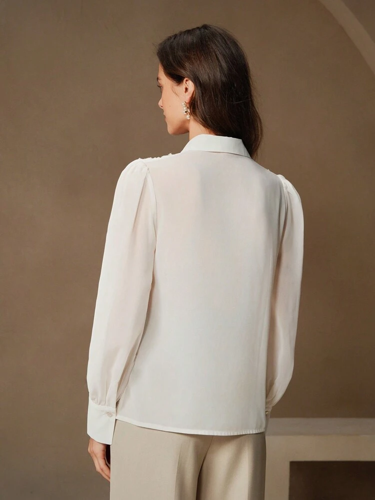 Women's 3D Floral Sheer Lantern Sleeve Elegant Beige Blouse Women Shirt