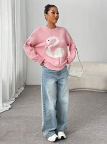 SHEIN Unity 女士休闲天鹅图案粉色针织毛衣，秋冬季百搭针织套头衫 - 彩色 - 查看 1