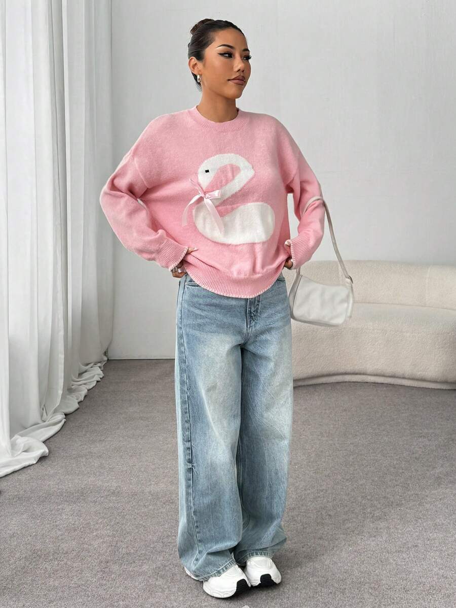 SHEIN Unity 女士休闲天鹅图案粉色针织毛衣，秋冬季百搭针织套头衫 - 彩色 - 查看 1