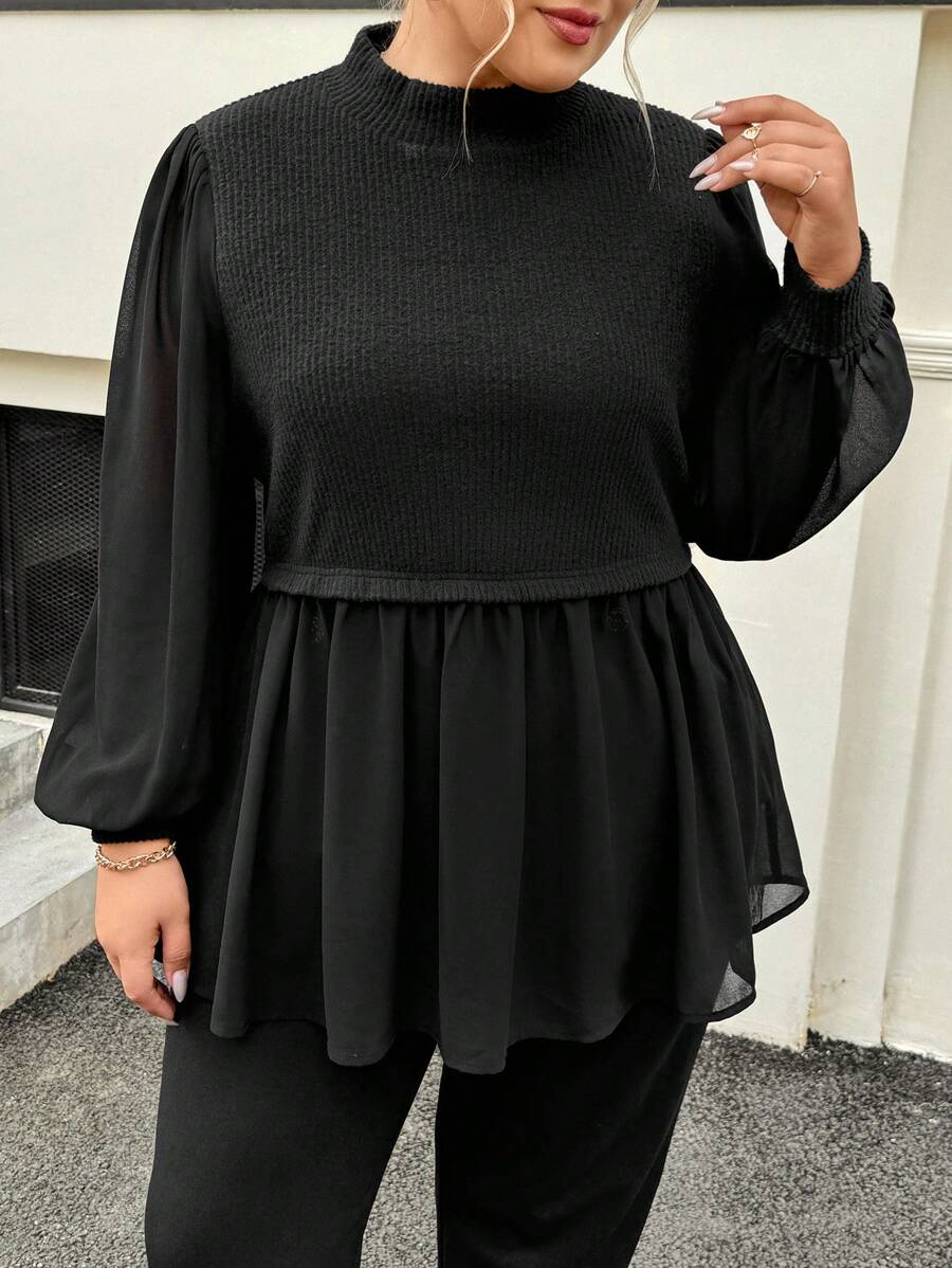 SHEIN Clasi Plus Size Women Black Long Sleeve Collared Shirt Top, 2 In 1 Fall Clothes Elegant - Black - View 1